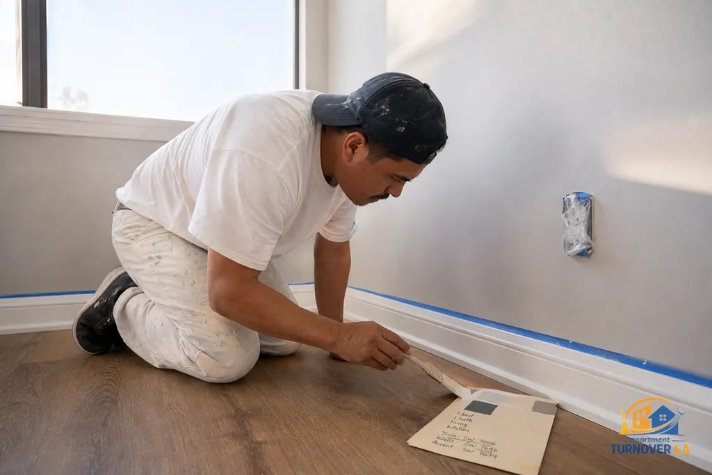 Detail of baseboard cut-in and taped trim during a small-unit repaint in Los Angeles, with paint codes and room count checklist visible