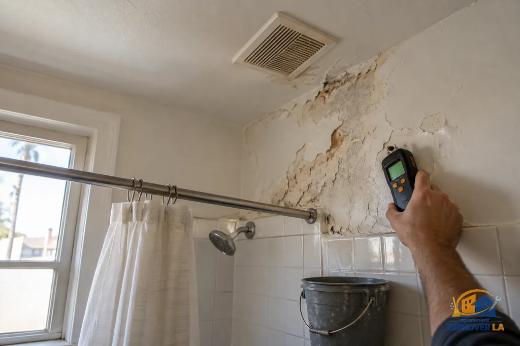 Peeling drywall above a shower being checked for moisture in an LA rental