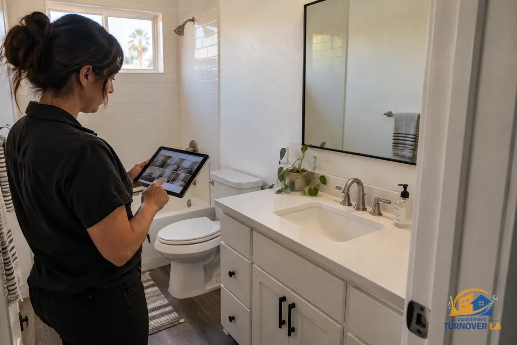 Turnover inspection report beside a deep cleaned Los Angeles apartment bathroom