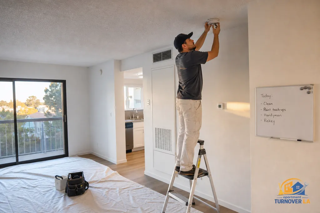 Vacant LA apartment during a make-ready with a visible task board and staged cleaning and repair sequence