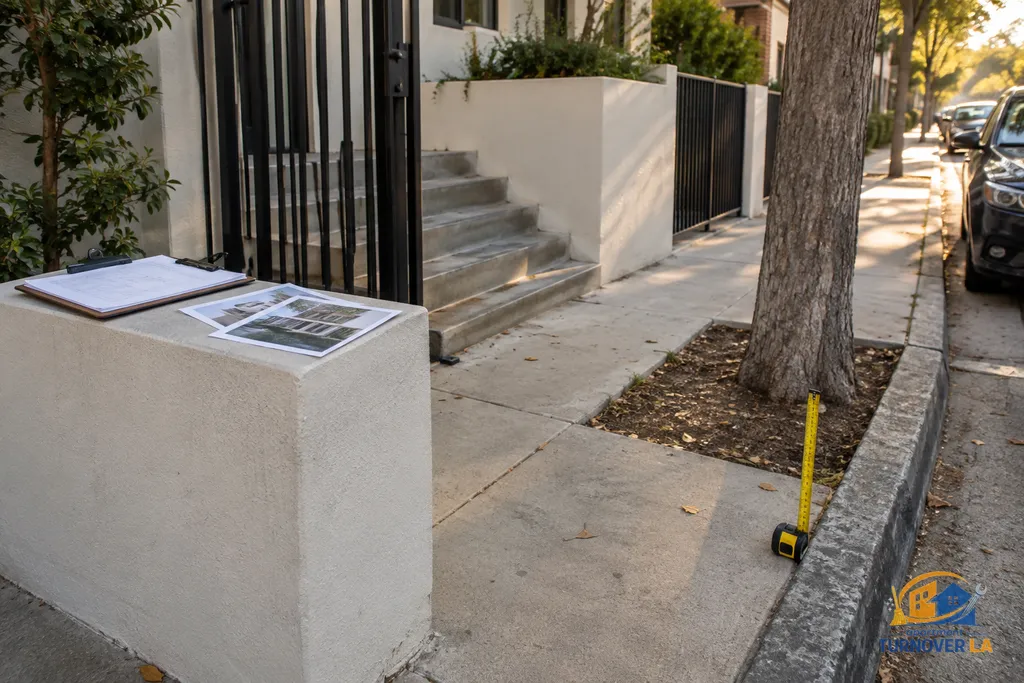 Documented sidewalk height change at the public boundary of an LA apartment building