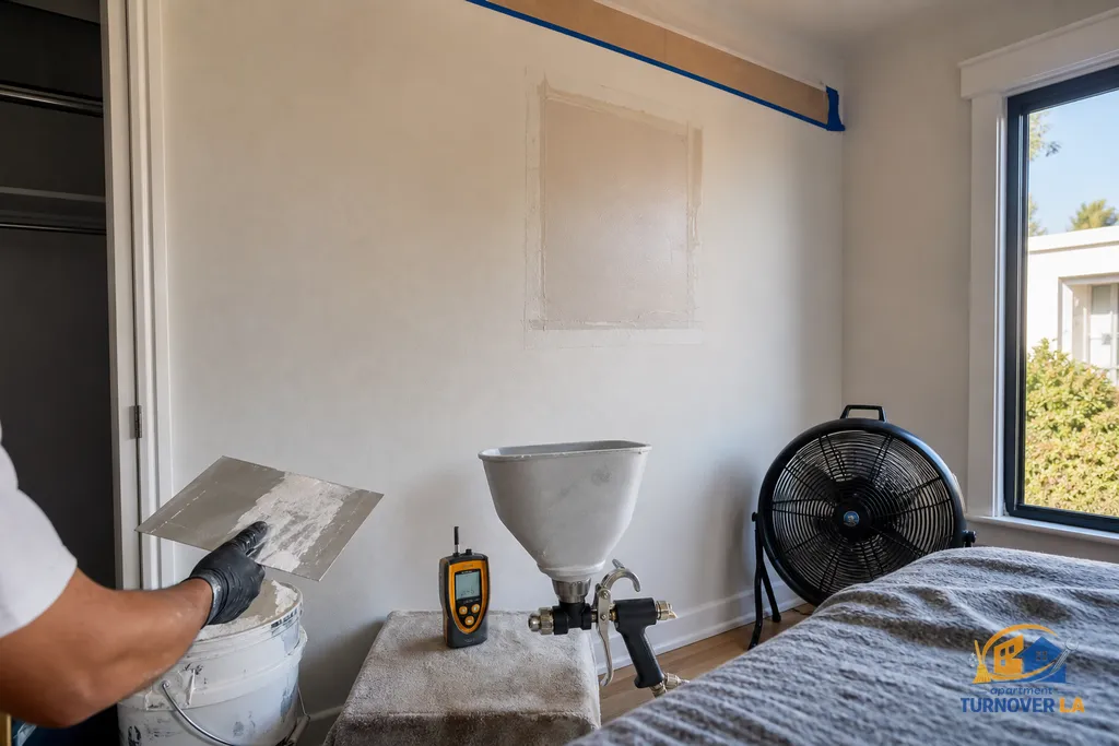 Medium drywall repair pre-texture in a West Hollywood bedroom with orange-peel hopper and taped patch ready for paint