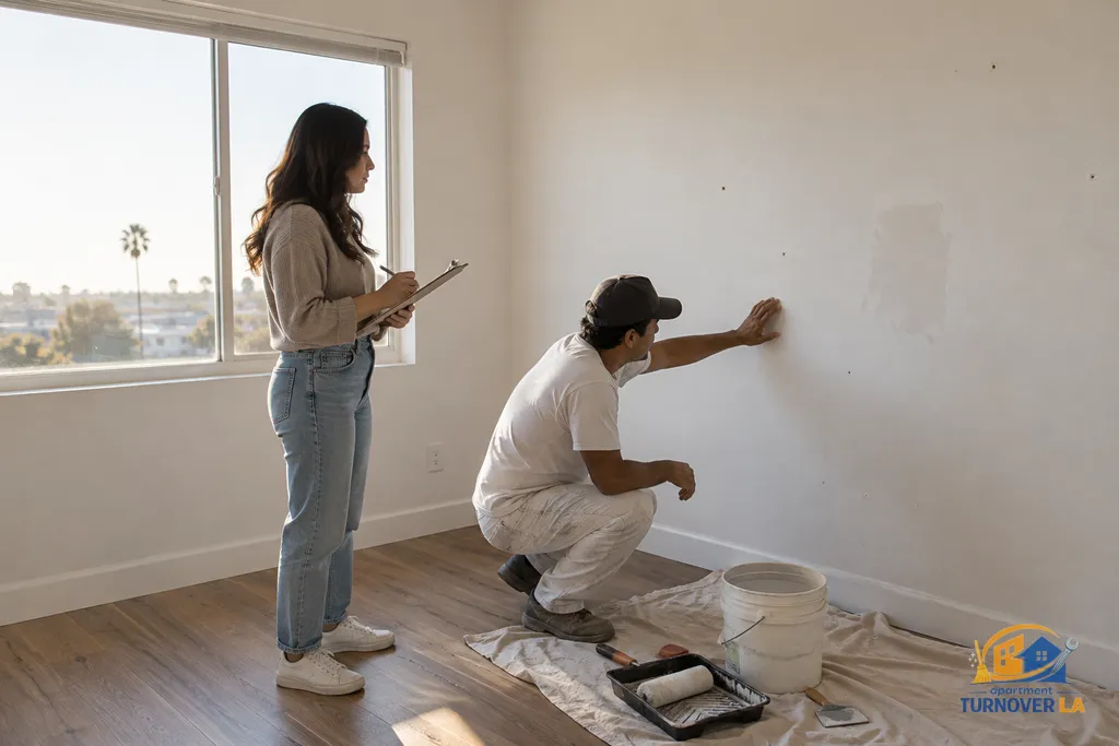 Wall condition inspection before apartment repainting in a vacant Los Angeles rental