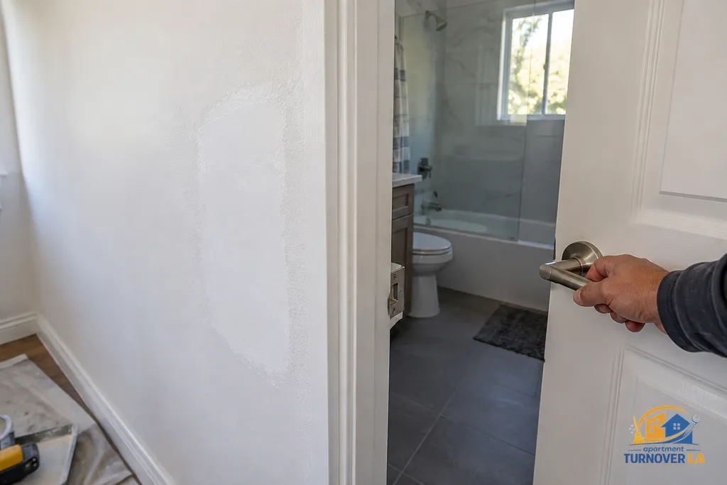 Drywall patch and door hardware repair completed in a Los Angeles rental bathroom