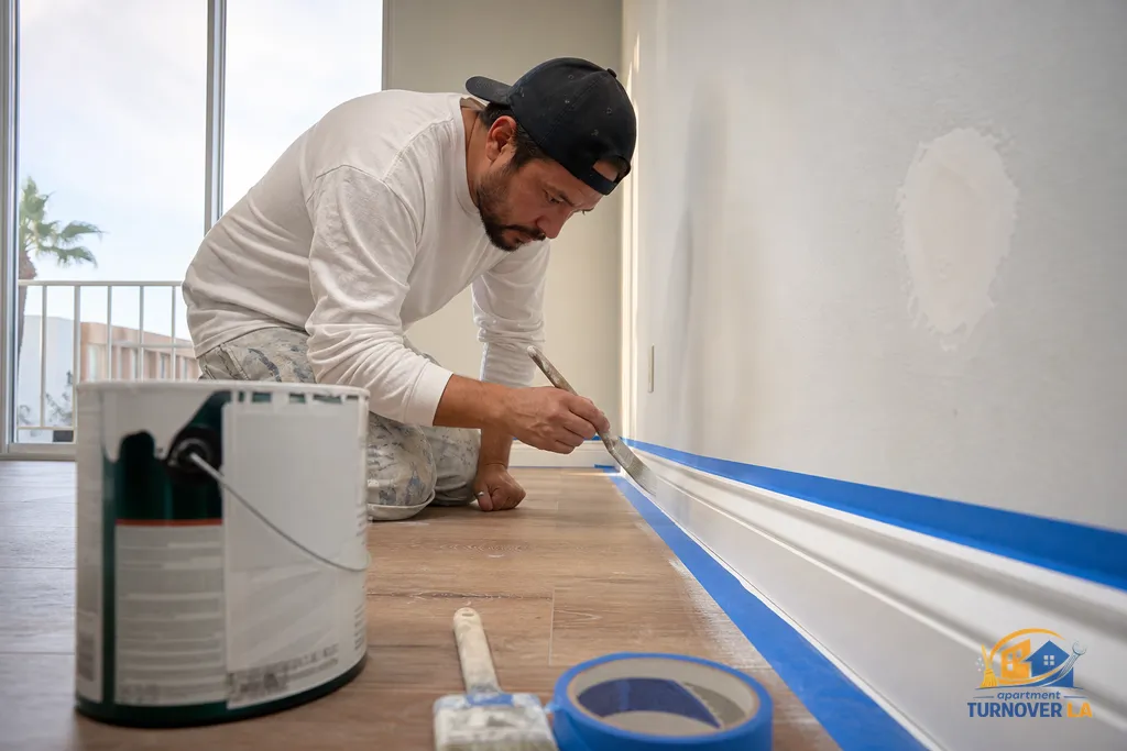 Detail of baseboard cut-in and a feathered drywall patch during Santa Monica apartment repaint