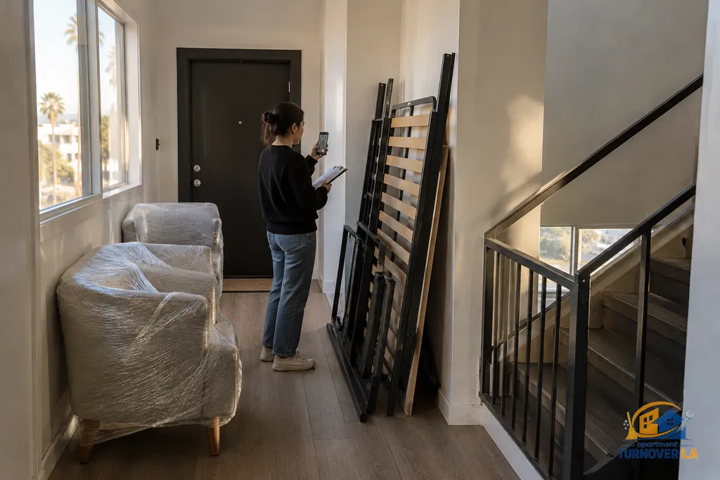 Documented furniture cleanout staging in a Los Angeles apartment hallway