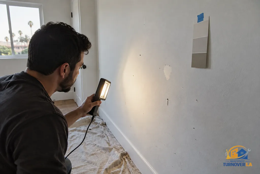 Drywall and wall scuff inspection before interior painting in an LA rental