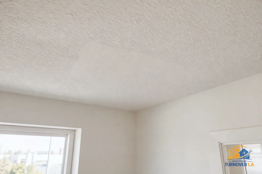 Finished medium drywall ceiling repair with matched knockdown texture and fresh paint in an LA apartment hallway