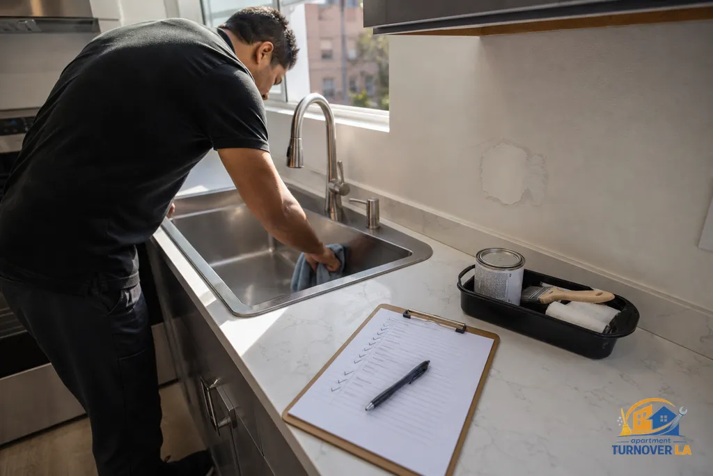 Kitchen make ready in progress with cleaning, a checked-off clipboard list, and a small patched drywall area near cabinetry in a Los Angeles unit