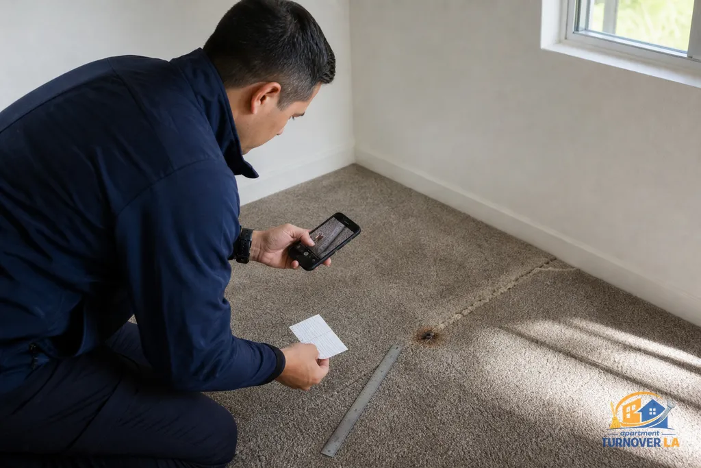 Documenting carpet seam fray and iron burn with a ruler and phone photos during LA move-out inspection