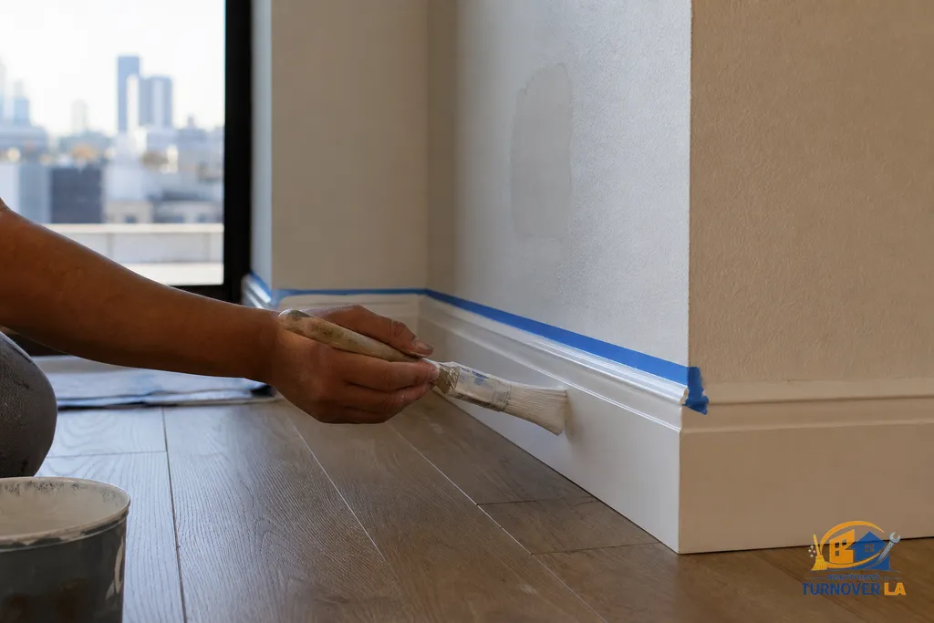 Detail of trim repaint and small drywall patch in a Los Angeles apartment during turnover painting