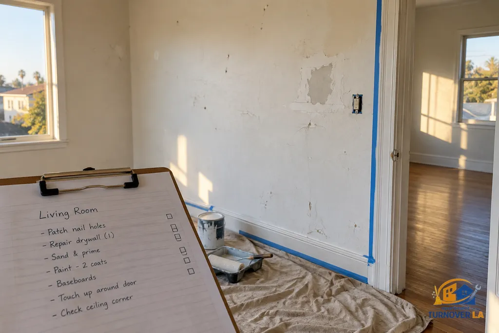 Room-by-room paint scope review with drywall repairs in an LA rental