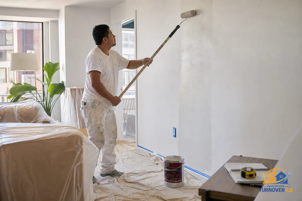 Painter rolling a neutral color during LA apartment repaint with pro prep materials and notes visible