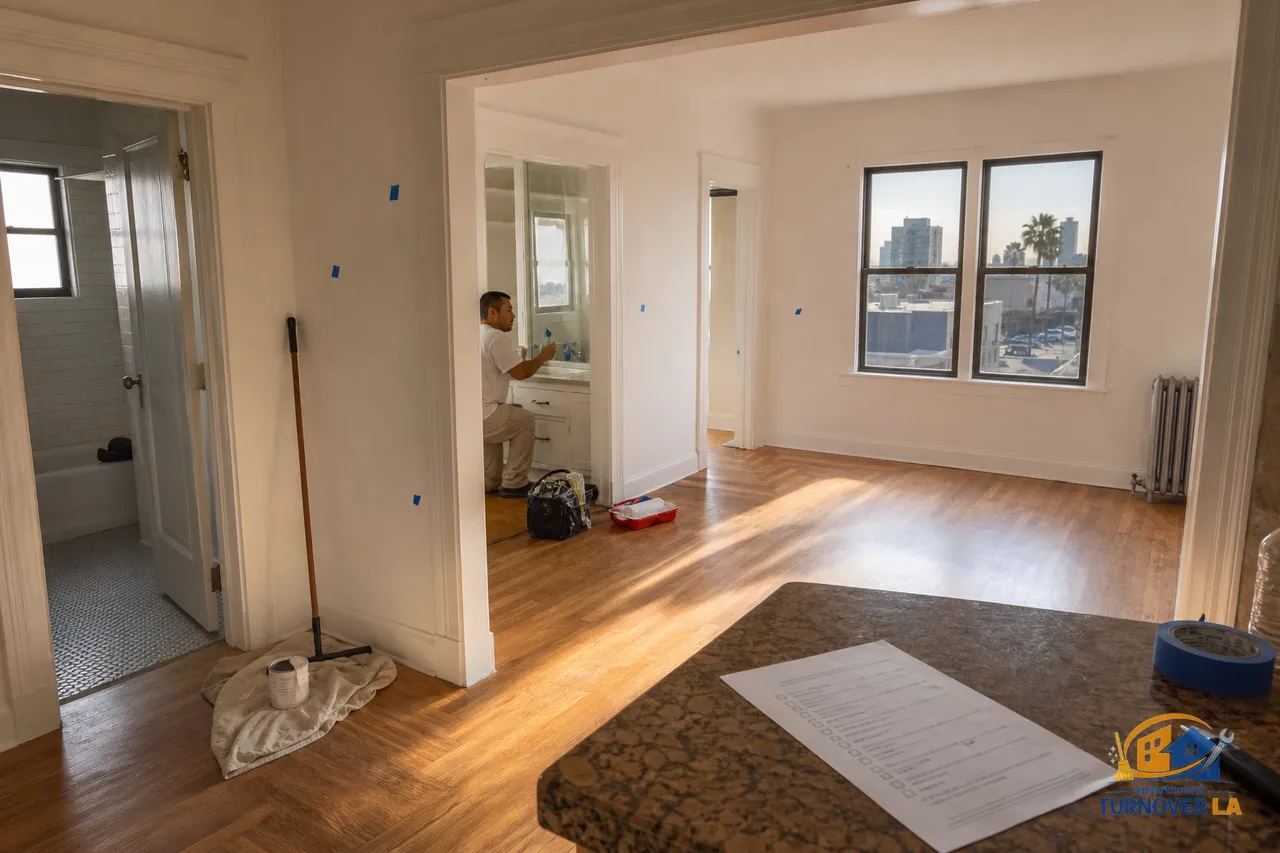 Koreatown LA 1BR during turnover with wall touch-ups, checklist, and clean hardwoods for accurate apartment turnover cost context