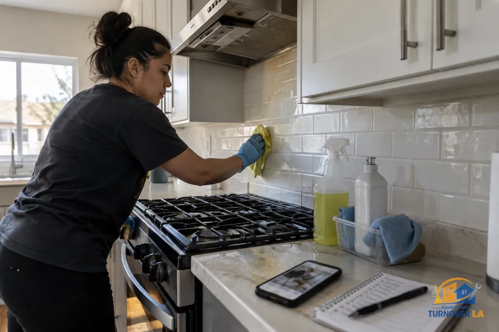Rental cleaner documenting kitchen deep cleaning during a Los Angeles apartment turnover
