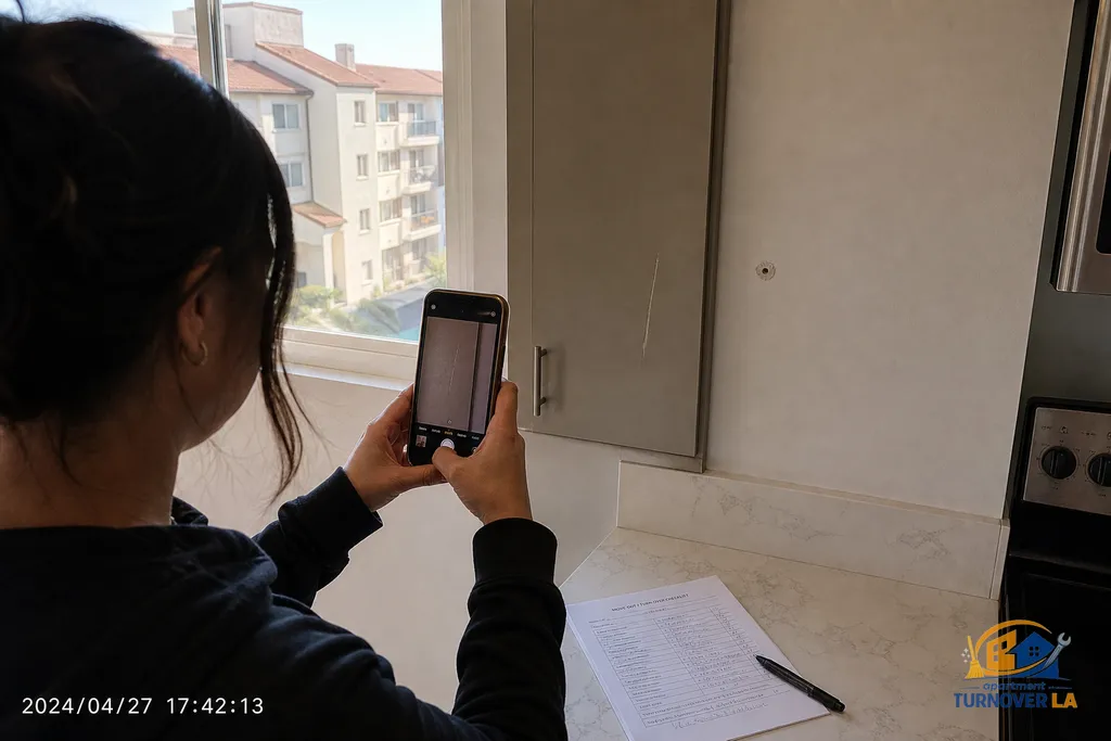 Property manager records move-out photos and notes cabinet wear and a patched nail hole using a turnover checklist in a Los Angeles unit