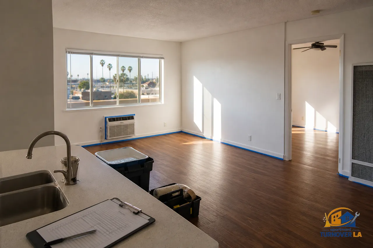 Los Angeles apartment during tenant turnover with taped baseboards, a cleaning kit, and a visible checklist for make ready tasks