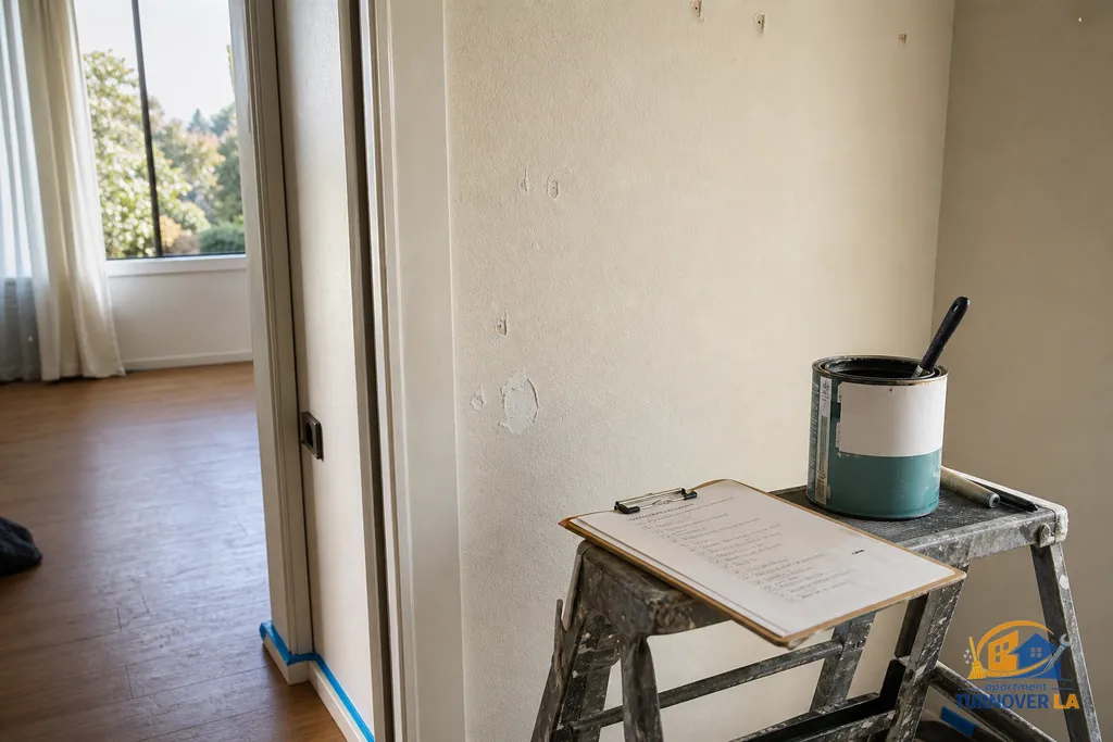 Detail of patched drywall and taped baseboards in a Westwood apartment hallway during landlord repaint and turnover prep
