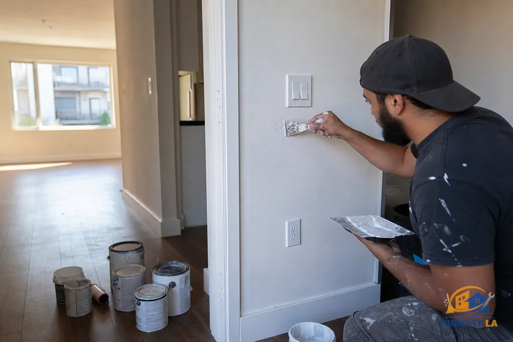 Drywall patch and repaint detail near a switch plate in an LA hallway, small repair blended before interior painting