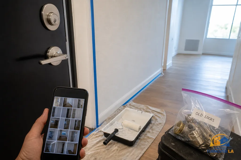 Detail of rekeyed LA apartment entry and fresh trim caulk, with a 12-point photo report on phone