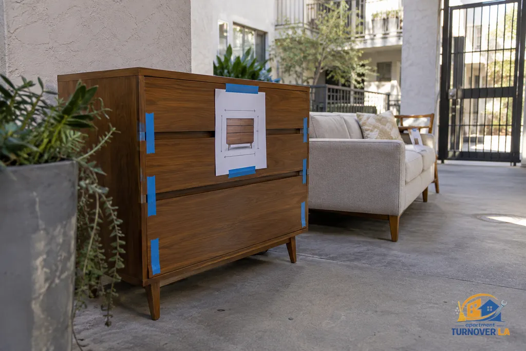 Labeled dresser staged for a scheduled free bulky item pickup at an LA apartment building