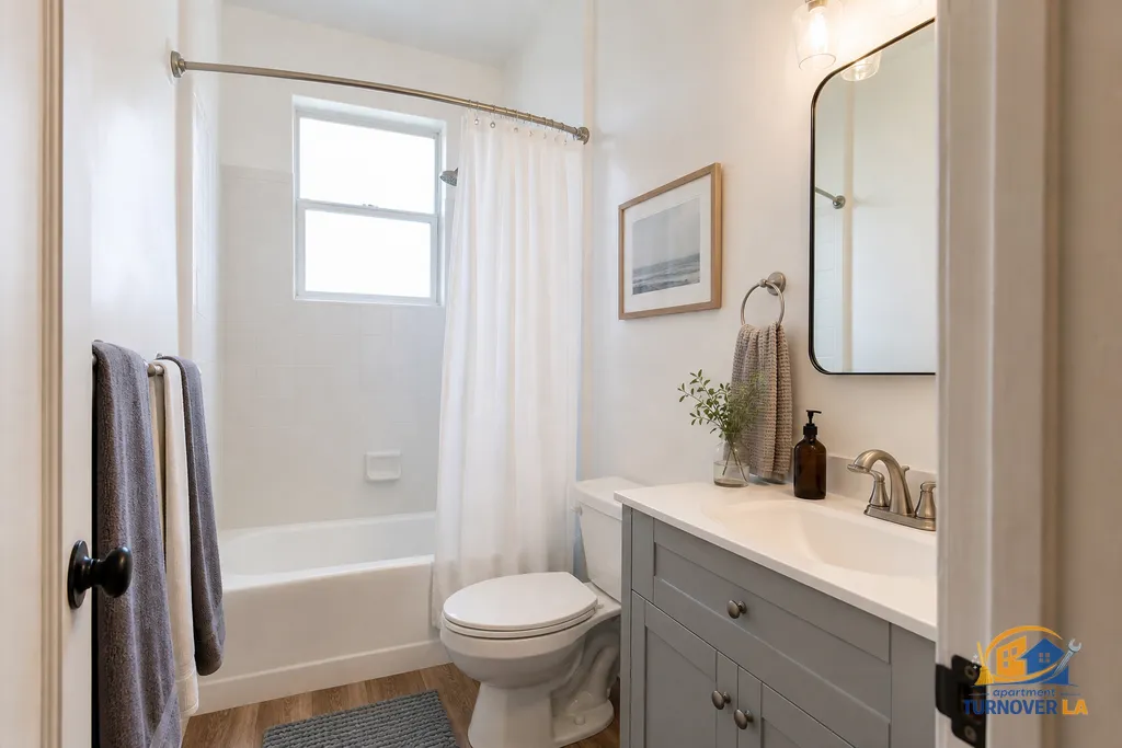 Small LA apartment bathroom staged clean and bright, shot horizontally from the doorway to show two walls without distortion