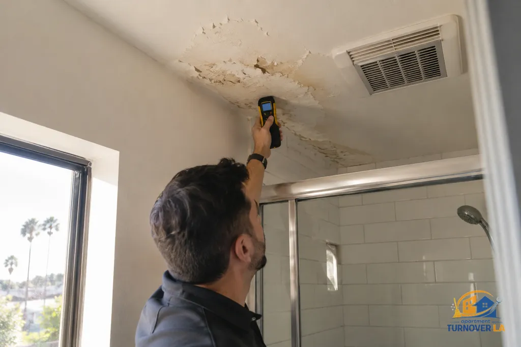Moisture check on peeling drywall above a shower in an LA rental bathroom