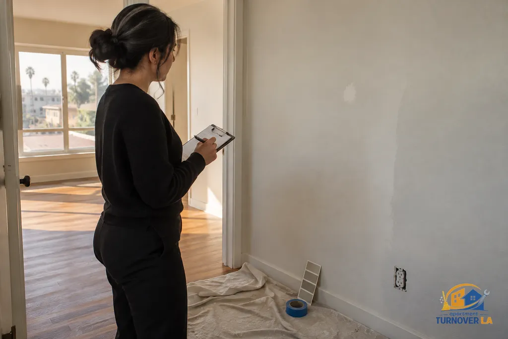 Move-out inspection of apartment wall repairs and paint finish consistency in Los Angeles