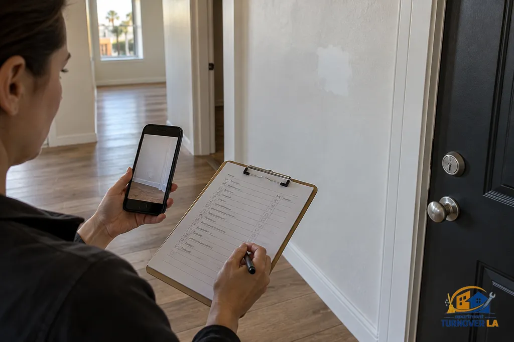 LA apartment turnover checklist beside a patched wall and rekeyed vacant unit door