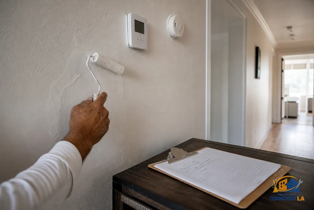Touch-up painting on a hallway wall during a Los Angeles apartment move-out, small roller over scuffs near a thermostat