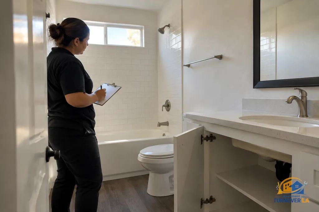 Detailed bathroom inspection after apartment move out cleaning in Los Angeles