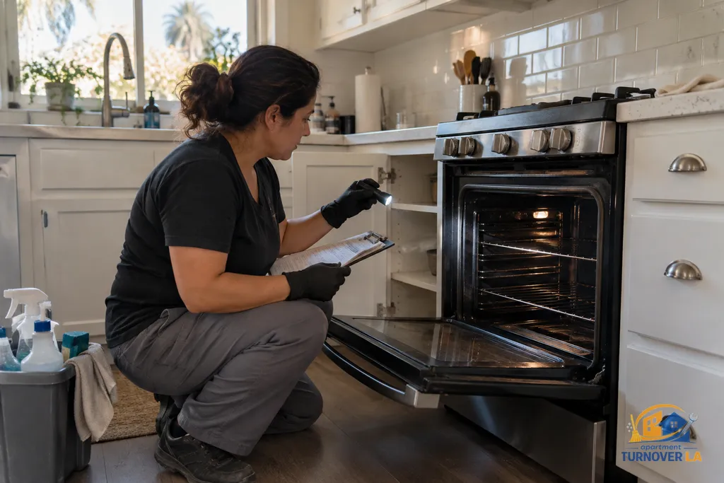 Turnover worker inspecting an oven during Los Angeles apartment deep cleaning