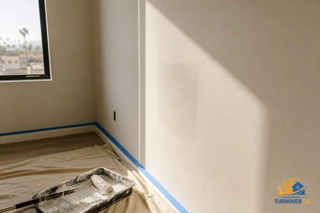 Medium drywall repair blended to orange peel texture with paint setup in a vacant Los Angeles bedroom