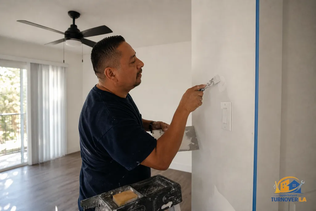 Drywall patch near a switch plate being skimmed and sanded in an LA apartment before repainting a 12x12 room