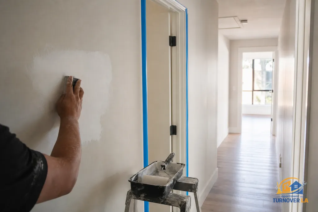 Detail of drywall patch and masking along a hallway in a Los Angeles unit, showing prep before interior repaint