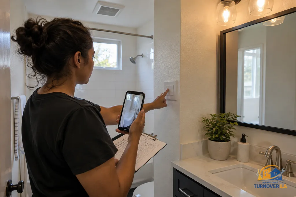 Final bathroom inspection during an LA apartment turnover before renter handoff