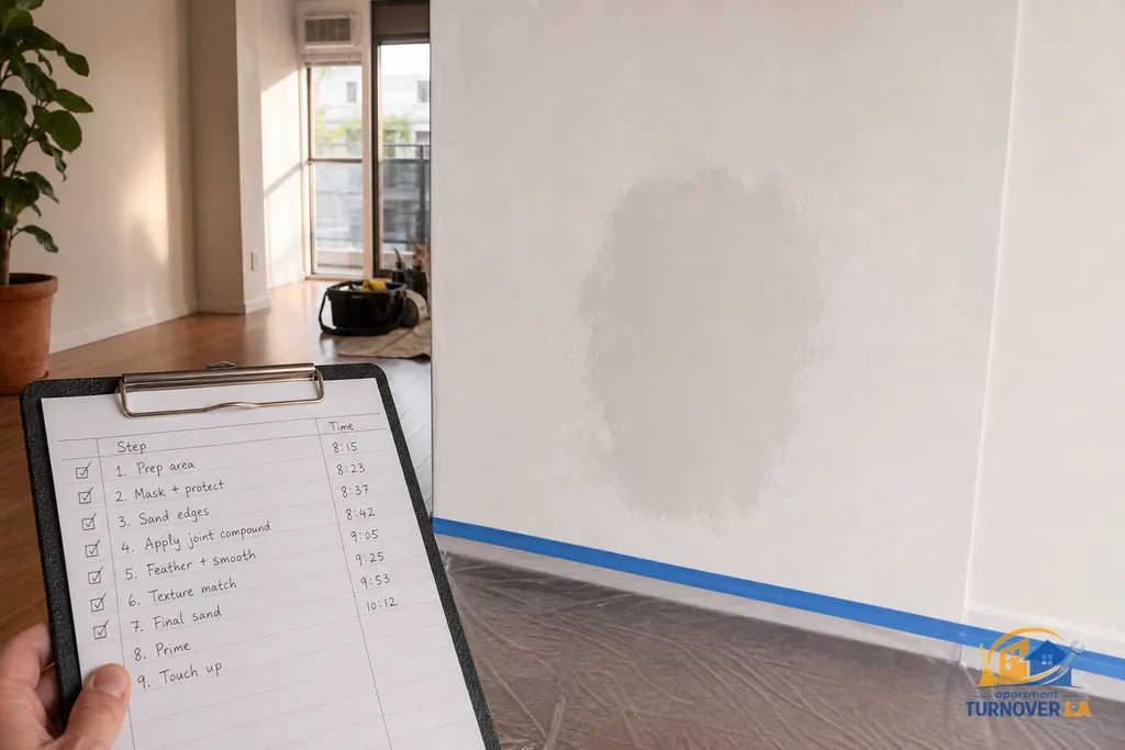 Medium drywall repair feathered and texture-matched in a West Hollywood living room with protected floors and a visible step checklist