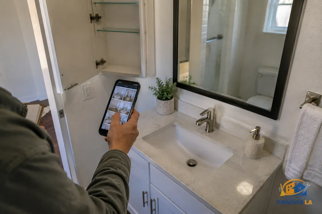 Bathroom cleaning inspection record during a Los Angeles apartment turnover