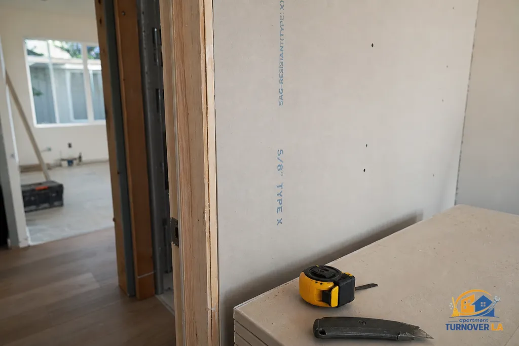 Detail of 5/8 inch Type X drywall being fitted on a party wall in an LA apartment, with tools and tape measure nearby