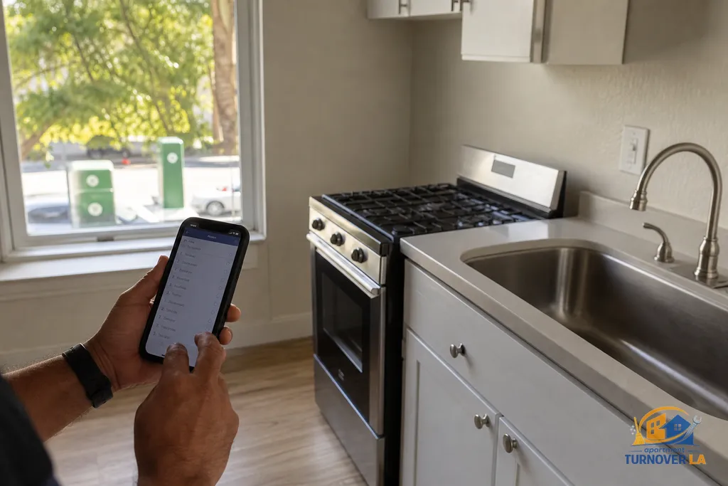 Technician capturing before and after cleaning photos on a checklist app in a West Hollywood kitchen to document deposit-safe work
