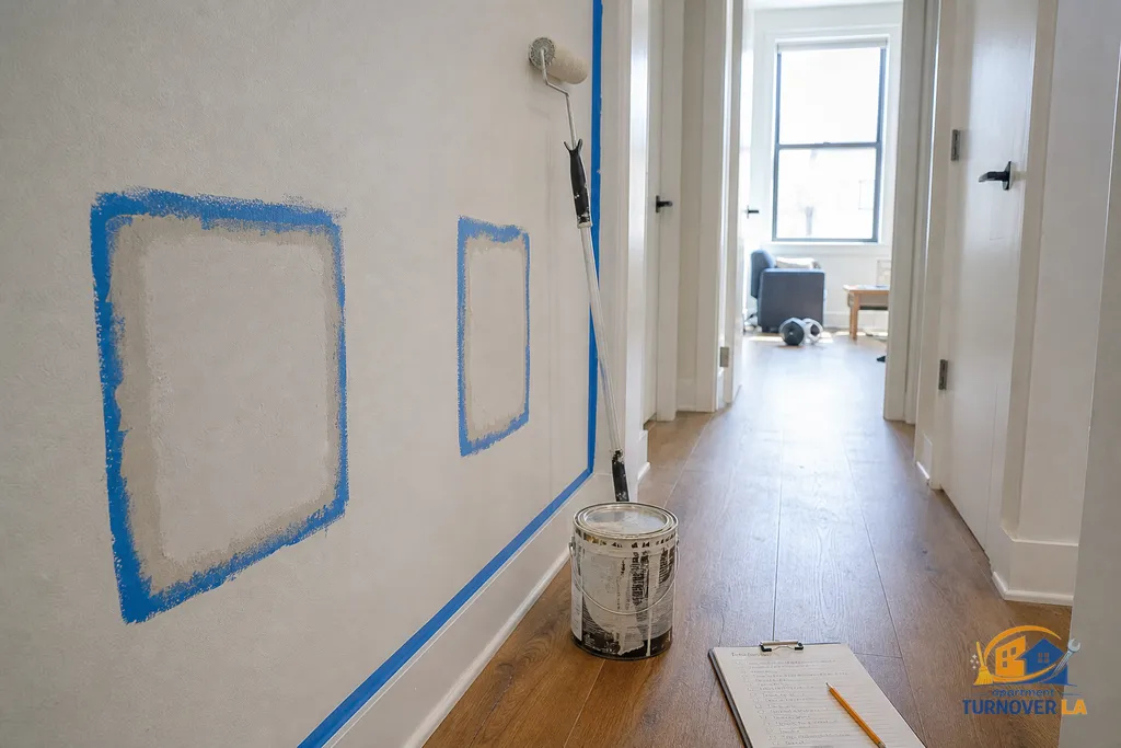 Medium drywall repairs with blended texture and priming in progress along an LA apartment hallway, punch list visible