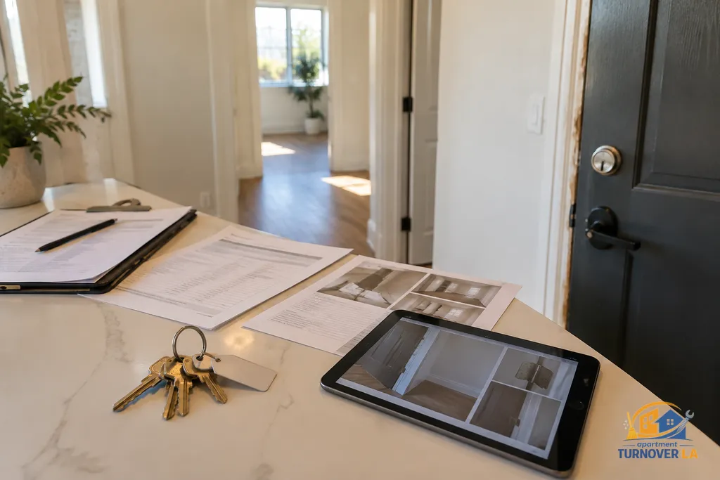 Apartment turnover paperwork, keys, and repair records organized for an LA rental handoff