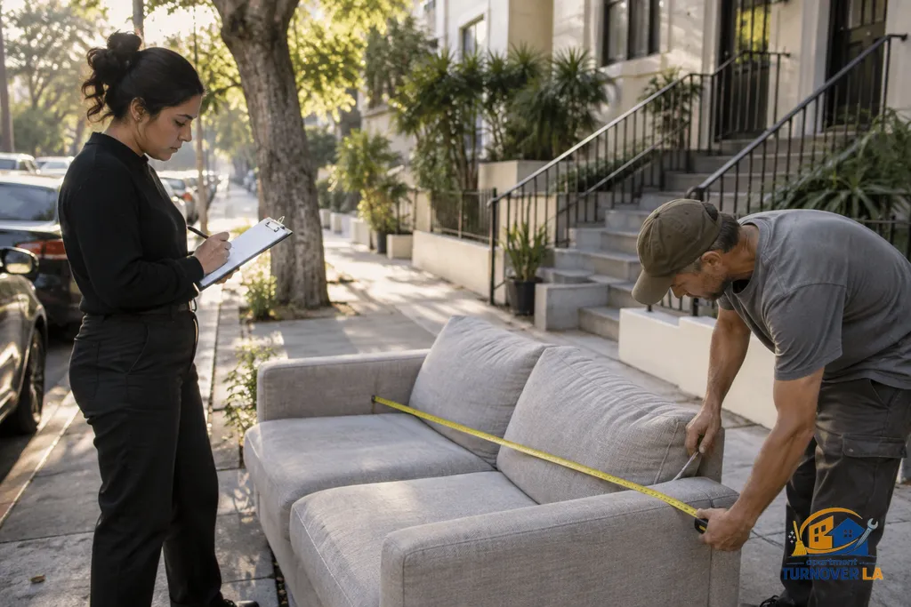 Property manager planning sofa pickup outside a Hollywood apartment building
