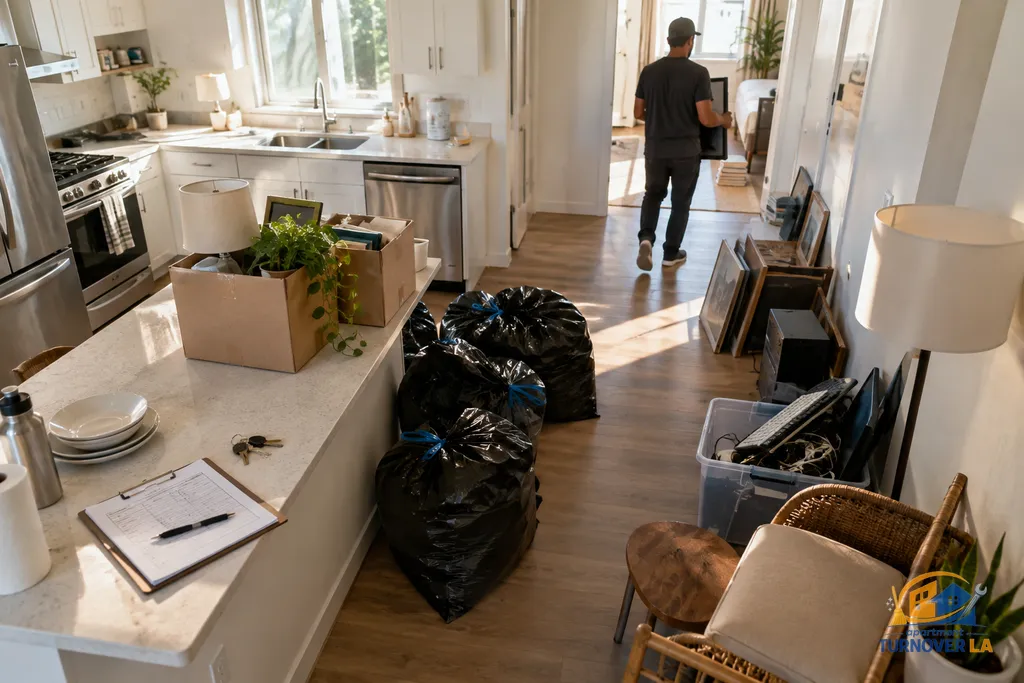 Sorted furniture, e-waste, and debris during an LA rental unit cleanout
