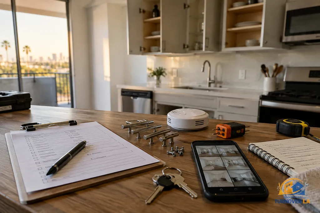Condo turnover documentation with keys, safety tester, and room-condition photos
