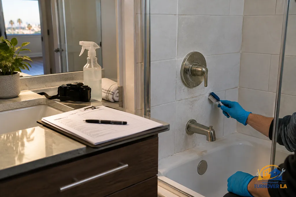 Bathroom grout cleaning and condition documentation during an LA apartment turnover