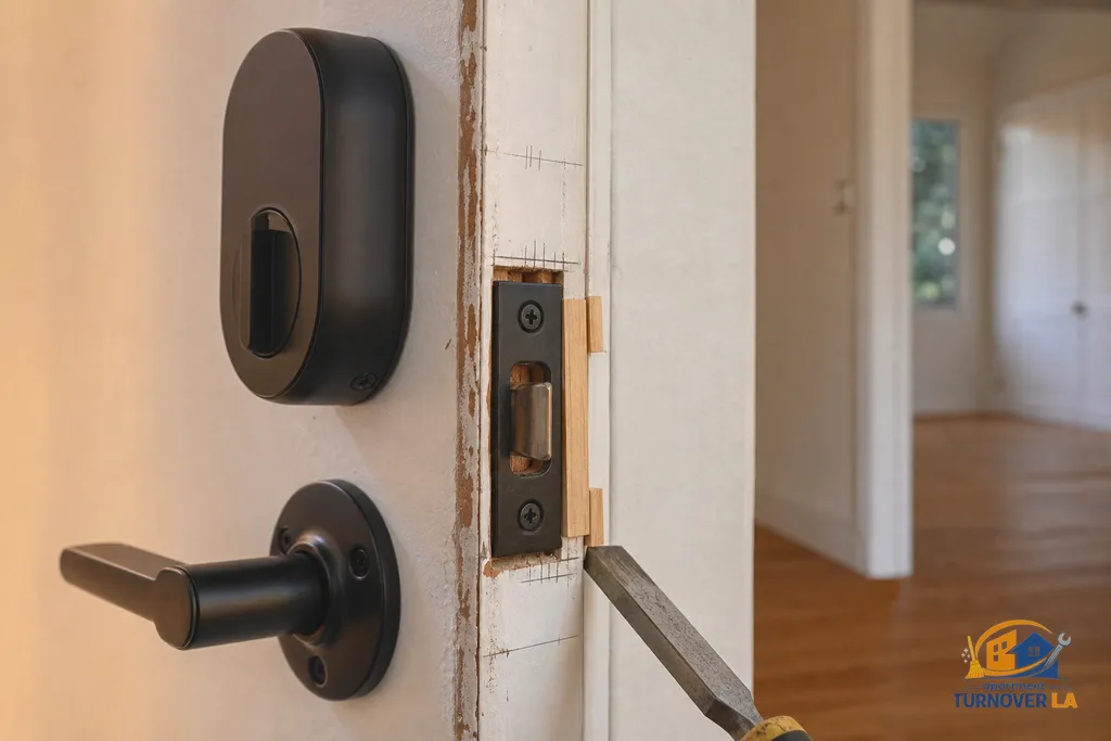 Detail of strike plate shimming on an older Koreatown apartment door to fit a smart deadbolt during installation