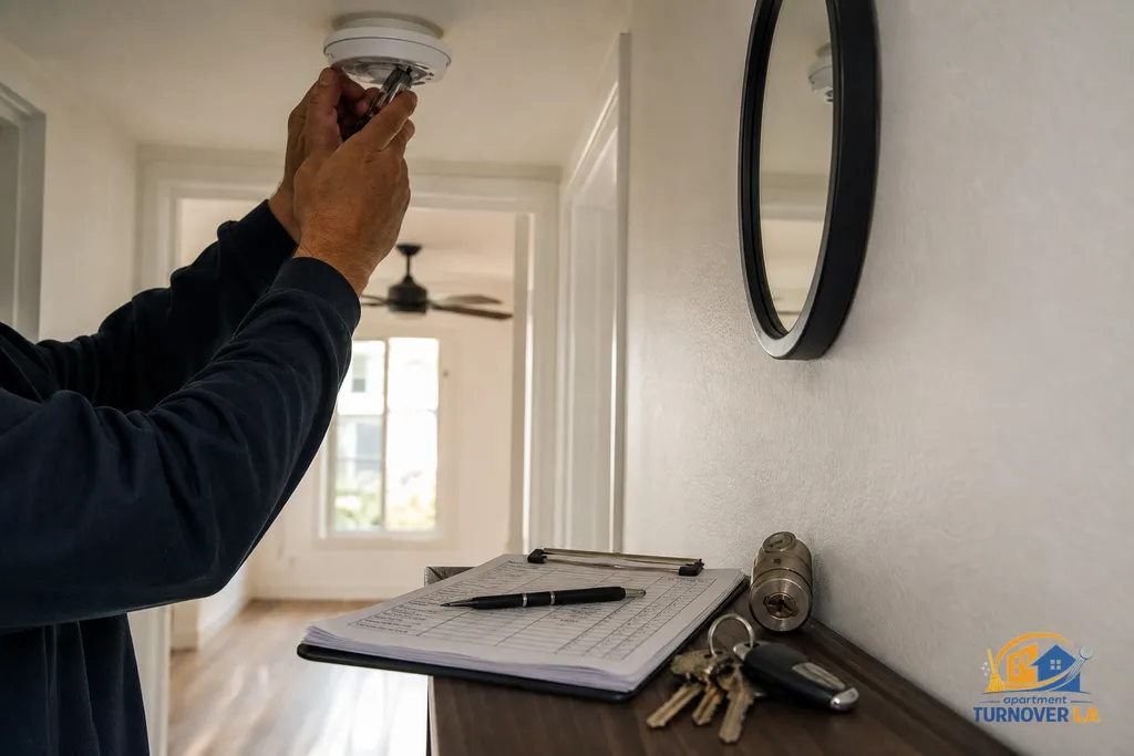 Tech checking a turnover list while replacing a smoke detector battery and preparing to rekey locks in an LA unit