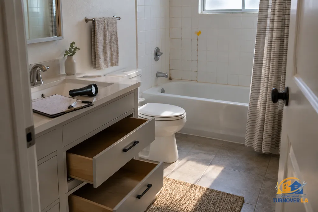 Bathroom inspection detail showing the scope of LA move-out cleaning work