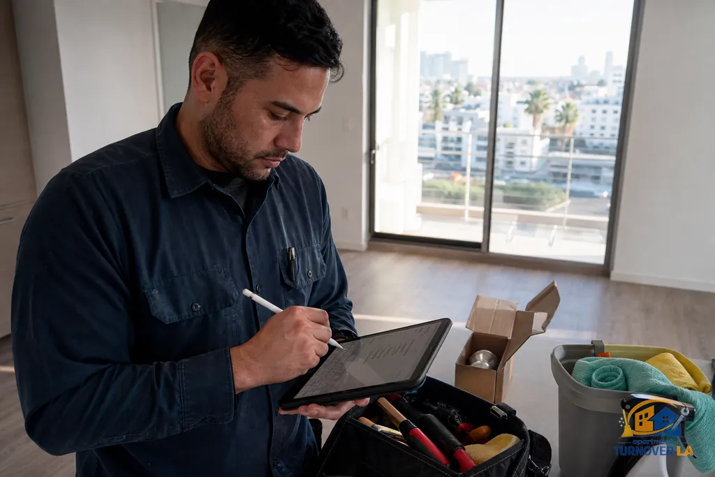 Maintenance lead checking a digital make ready punch list in a vacant West Hollywood apartment with tools and new lockset